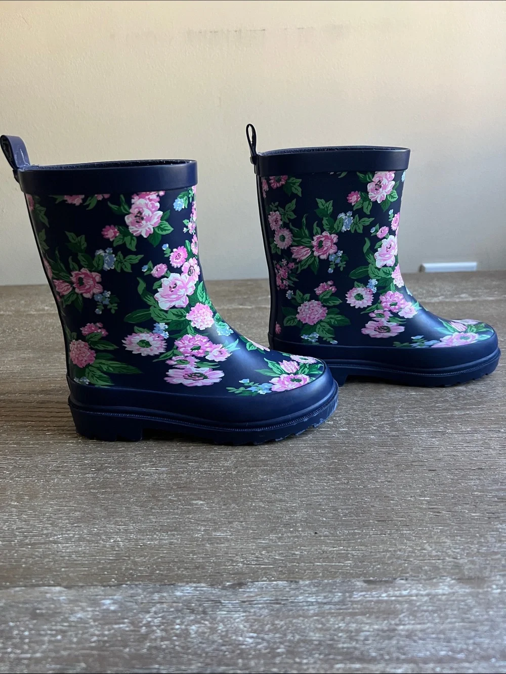 EUC Janie and Jack Floral Navy Rain Boots